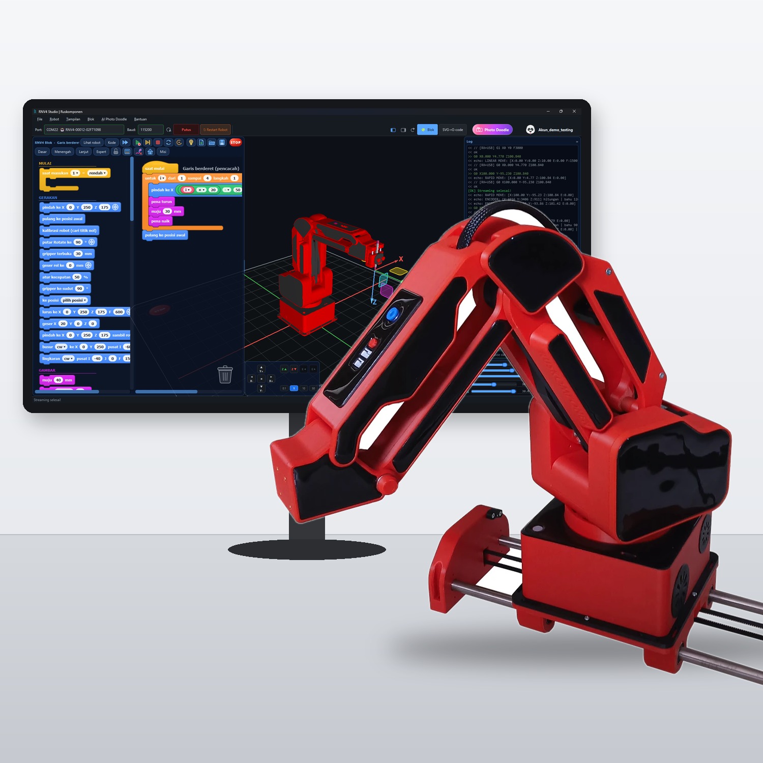 Robot RNV4 – Robot Lengan Edukasi dengan Pemrograman Blok & Simulasi 3D