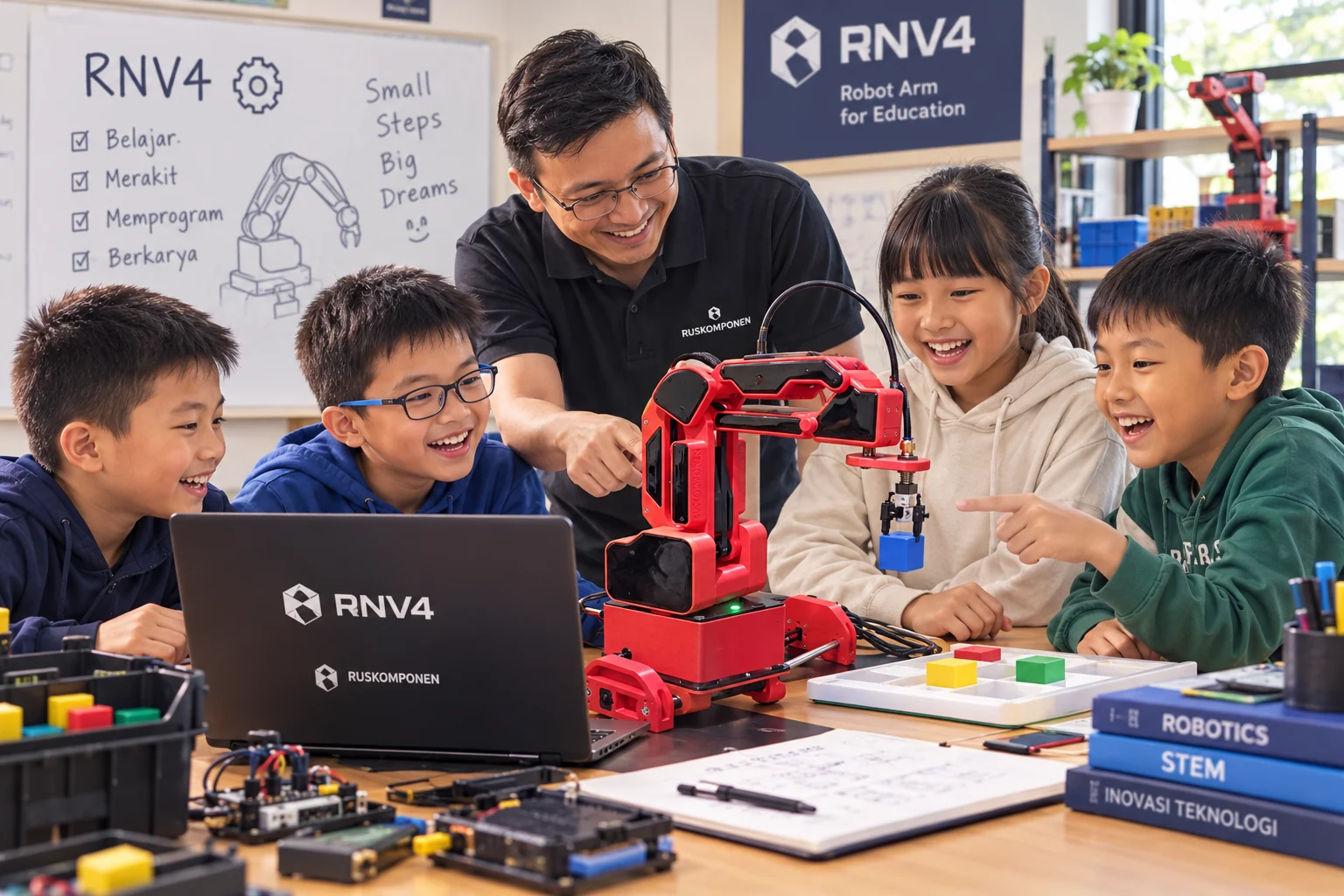 Ilustrasi guru dan siswa belajar bersama Robot RNV4 di kelas