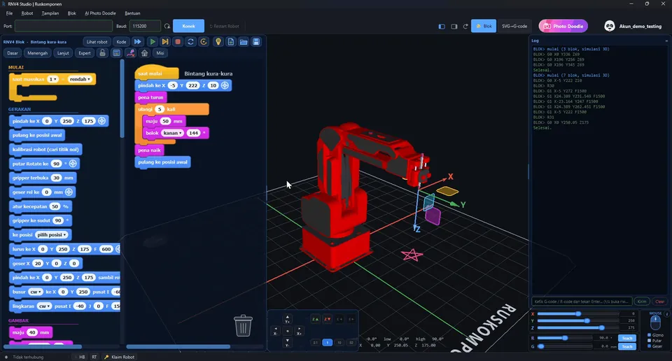 Rekaman layar RNV4 Studio: memilih contoh proyek dari daftar, blok terisi, lalu robot 3D menggambar bintang