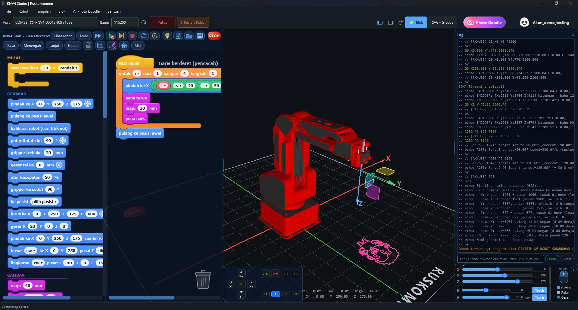 Mode Blok di RNV4 Studio: blok program di kiri, simulasi robot 3D di tengah, log perintah di kanan