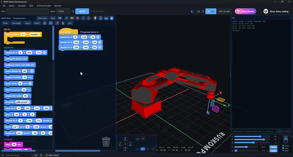 Rekaman layar RNV4 Studio: tiga blok "pindah ke" diisi posisi dari lengan robot 3D yang digeser