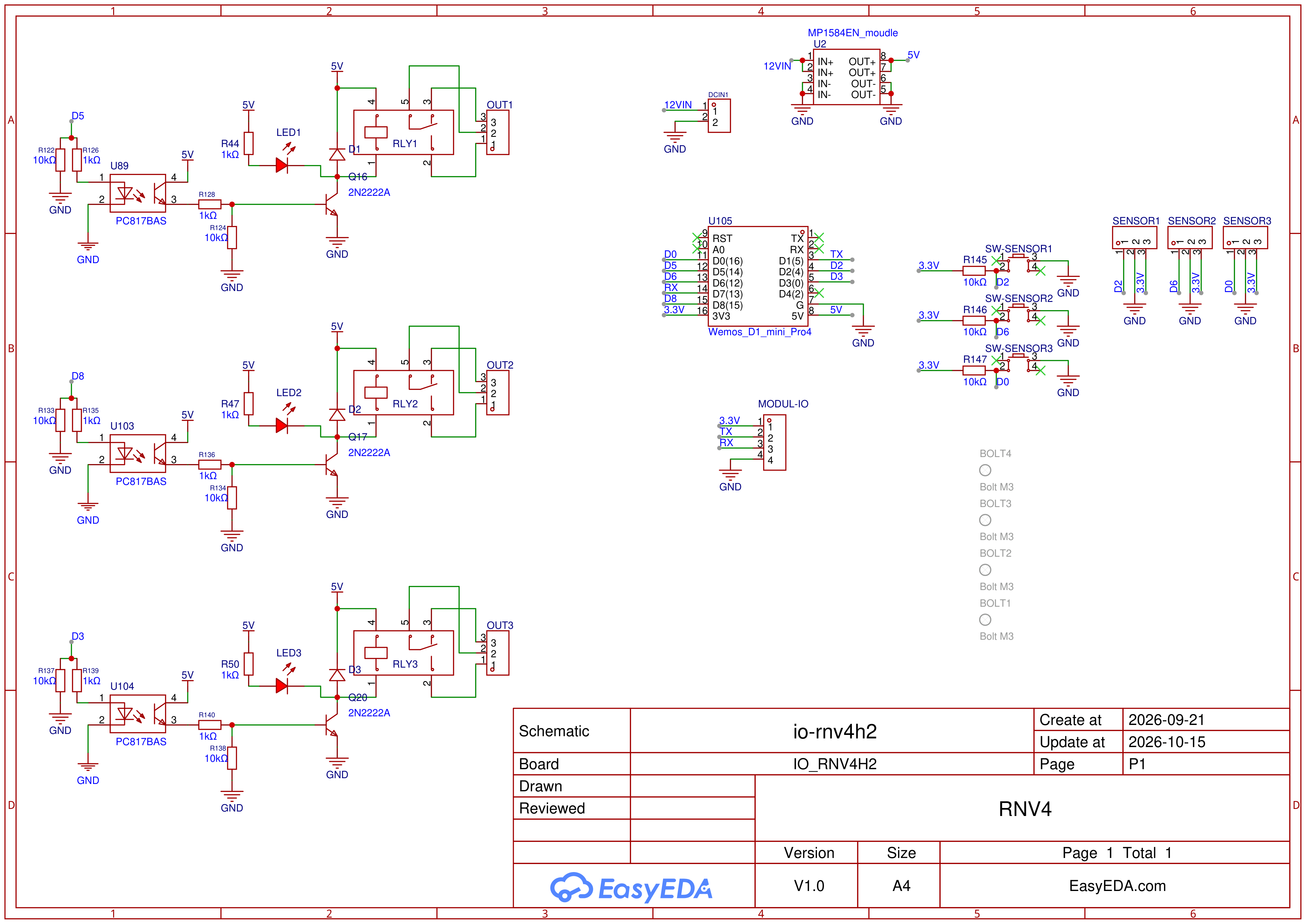 Skematik modul IO RNV4H2: tiga kanal relay, catu 5 V, papan Wemos D1 mini Pro, tiga sensor, dan konektor MODUL-IO