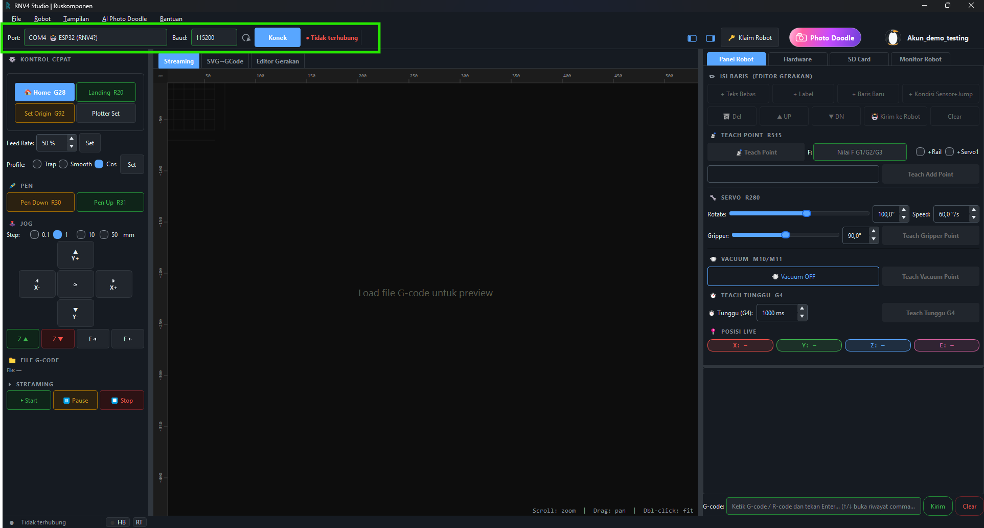 Tampilan RNV4 Studio — area Port, Baud, dan tombol Konek ditandai kotak hijau, dropdown Port menampilkan COM4 dengan ikon robot dan tag ESP32 (RNV4?)